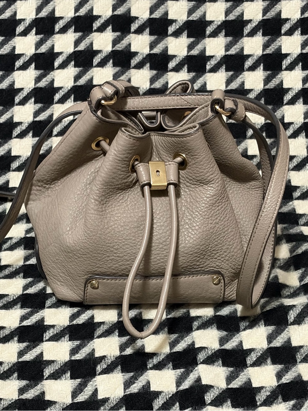 Vince Camuto Taupe Leather Drawstring Bucket Bag